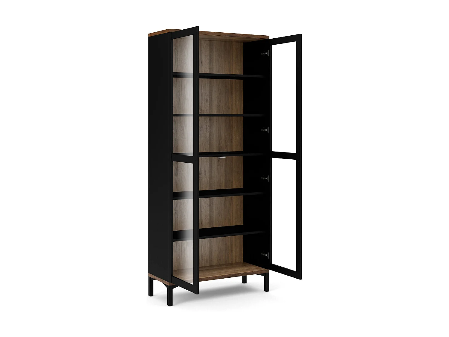 Dvecchi vitrinekast, Vitrinekast, Multifunctionele vitrinekast, Woonkamerdressoir, 89x36 h203 cm, Zwart en Walnoot