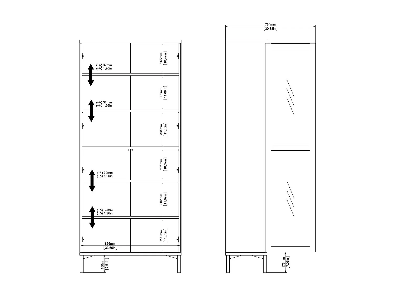 Vitrine Dvecchi, Glas-Sideboard, Mehrzweckvitrine, Hängendes Bücherregal mit Glastüren, 89x36 h203 cm, Schwarz und Walnuss