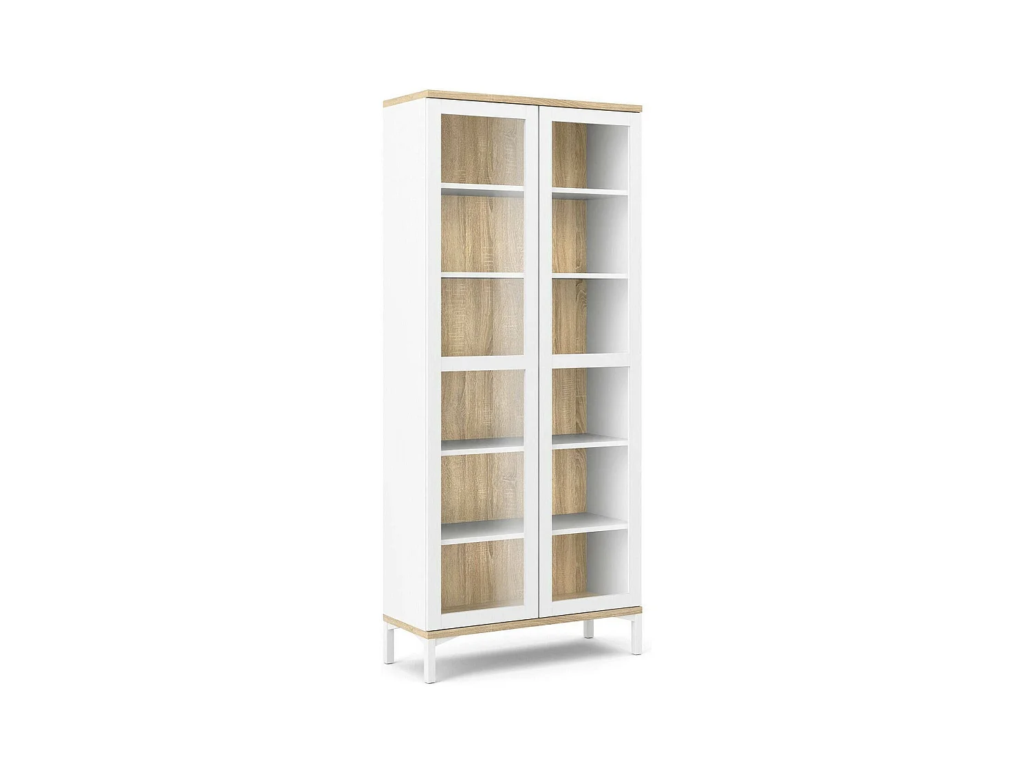 Vitrine Dvecchi, Buffet d'exposition, Vitrine polyvalente, Buffet de salon, 89x36 h203 cm, Blanc et chêne