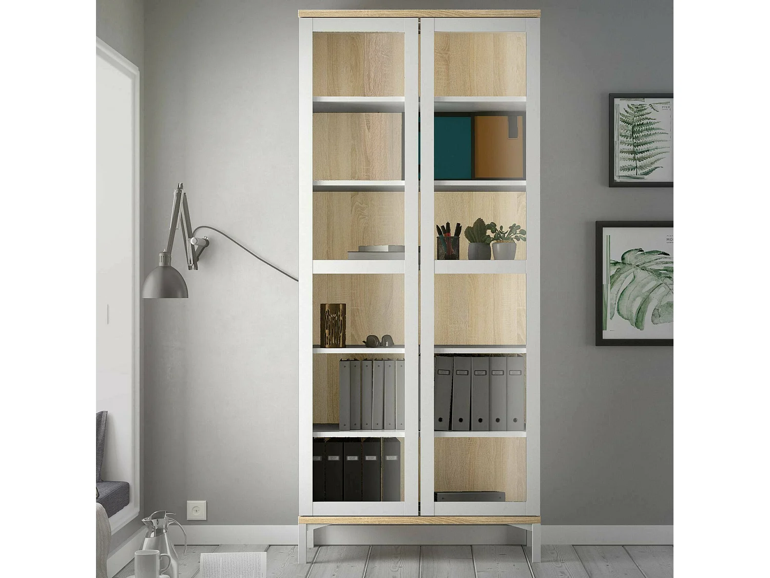 Dvecchi vitrinekast, Vitrinekast, Multifunctionele vitrinekast, Woonkamerdressoir, 89x36 h203 cm, Wit en Eiken