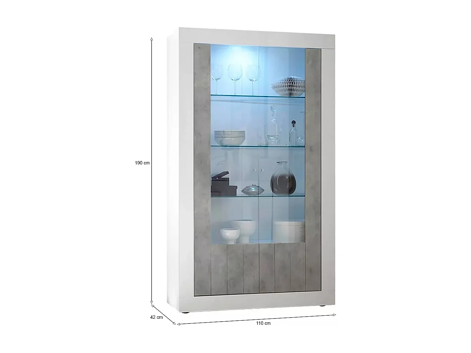 Vitrina Dporzingi, Aparador expositor, Vitrina multiusos, Aparador sala, Fabricado em Itália, 110x42 h190 cm, Branco brilhante e Cimento