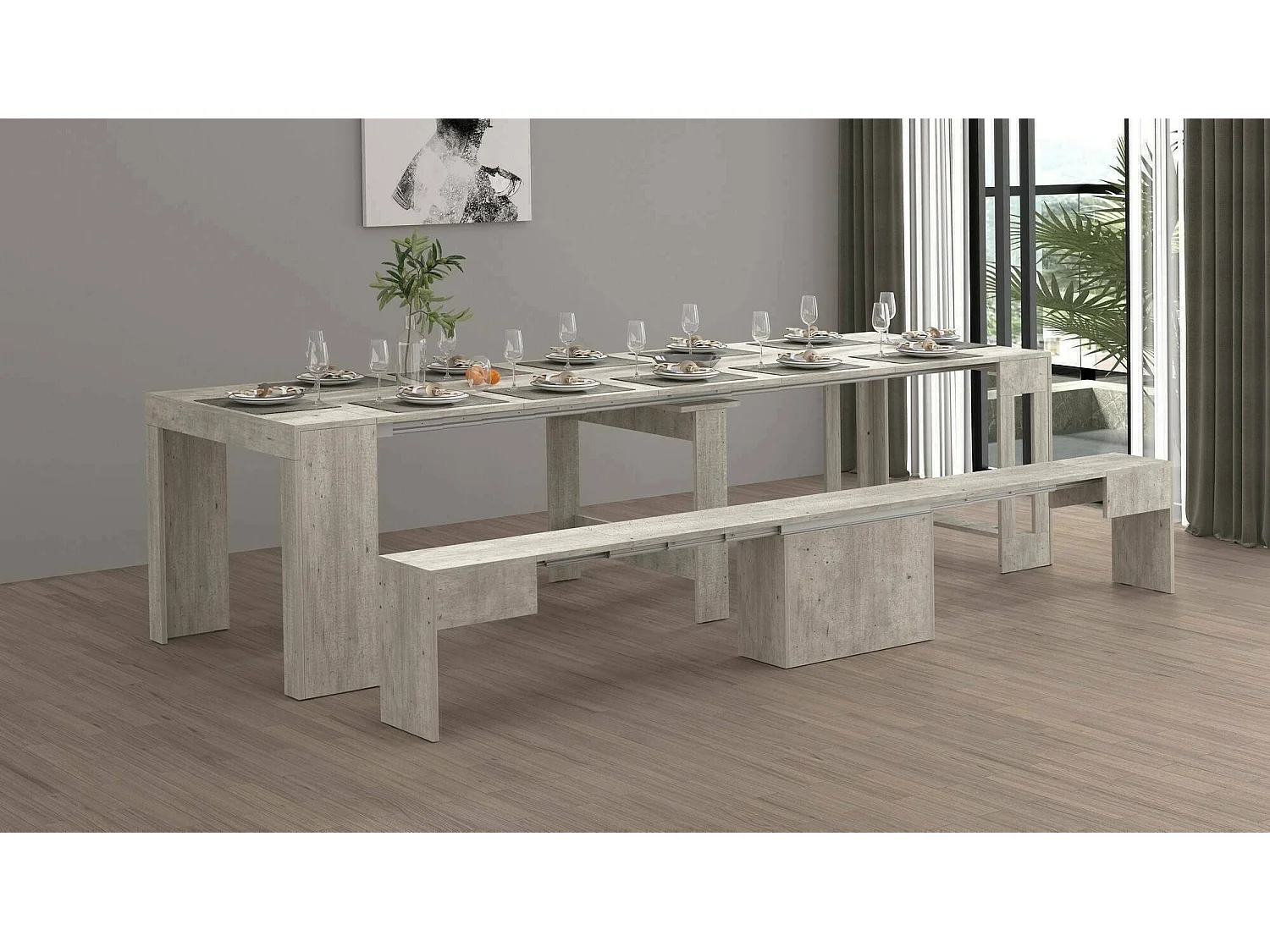 Ensemble table et chaises Dardizzon, Composition polyvalente, Ensemble avec console et 1 banc extensible, 100% Made in Italy, 66x25h45 cm, Ciment
