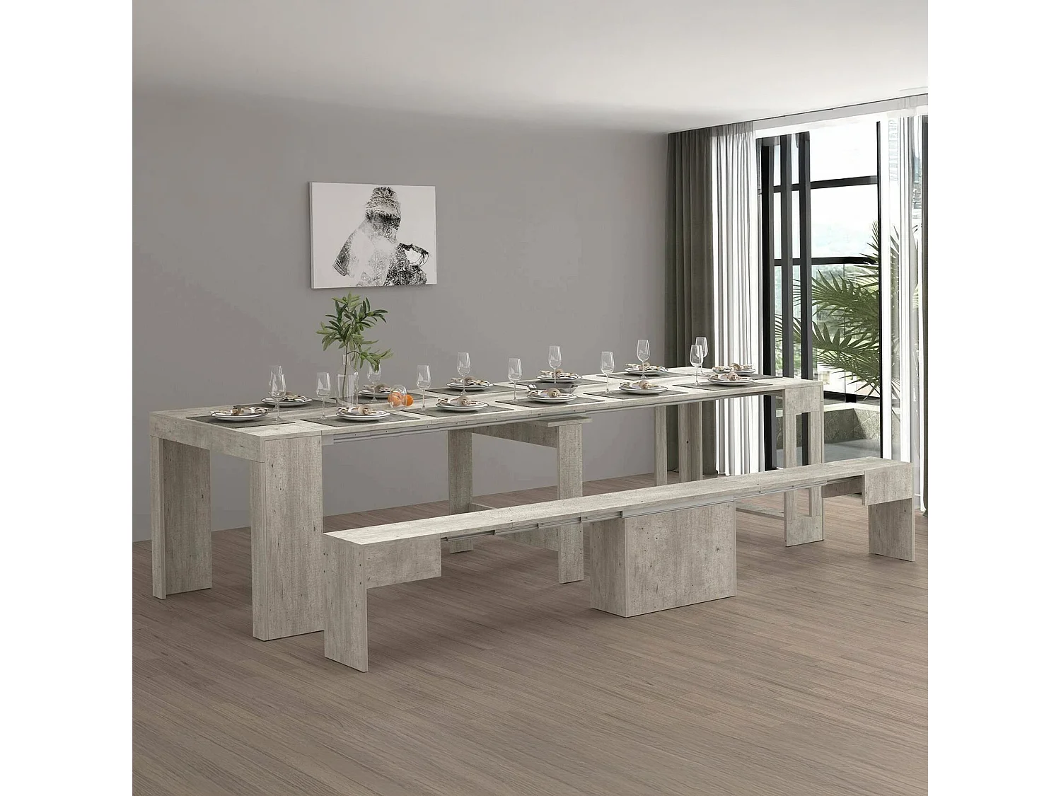 Ensemble table et chaises Dardizzon, Composition polyvalente, Ensemble avec console et 1 banc extensible, 100% Made in Italy, 66x25h45 cm, Ciment