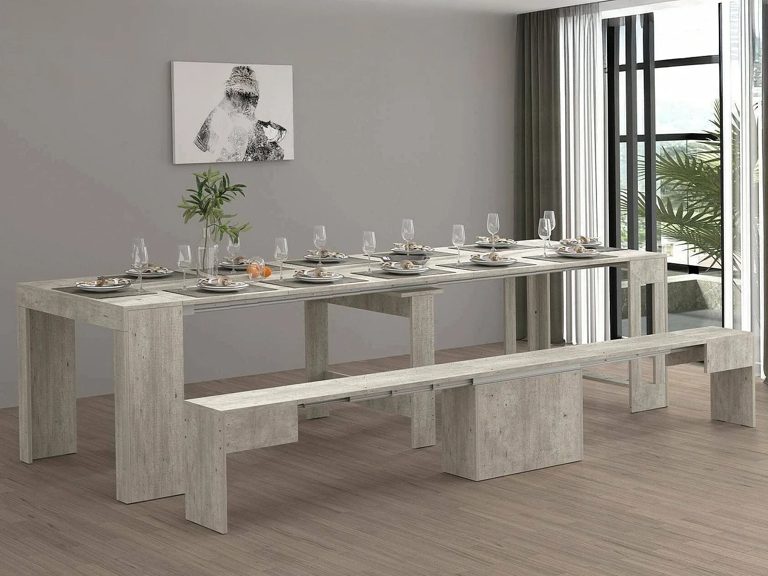 Ensemble table et chaises Dardizzon, Composition polyvalente, Ensemble avec console et 1 banc extensible, 100% Made in Italy, 66x25h45 cm, Ciment