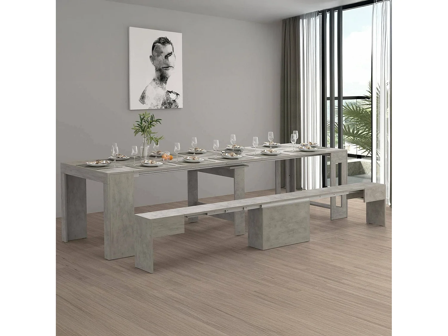 Ensemble table et chaises Dardizzon, Composition polyvalente, Ensemble avec console et 1 banc extensible, 100% Made in Italy, 66x25h45 cm, Gris