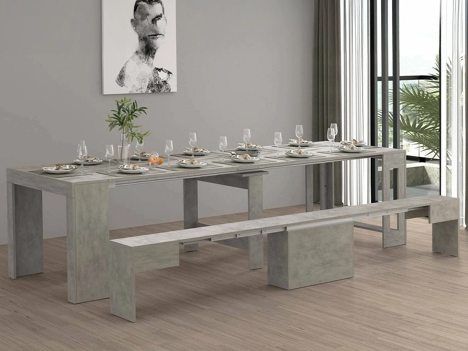 Dardizzon tafel en stoelenset, Multifunctionele samenstelling, Set met console en 1 uitschuifbare bank, 100% Made in Italy, 66x25h45 cm, Grijs