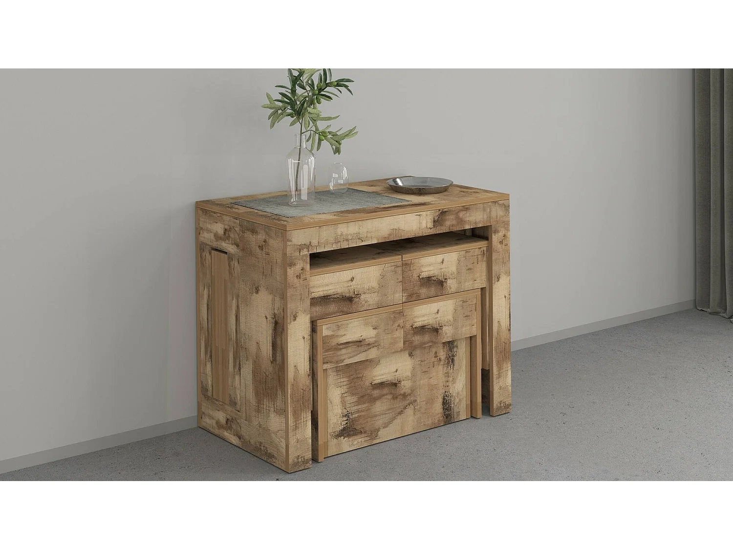 Dadamoni tafel- en stoelenset, Multifunctionele samenstelling, Set met console en 2 uitschuifbare banken, 100% Made in Italy, 66x25h45 cm, Esdoorn