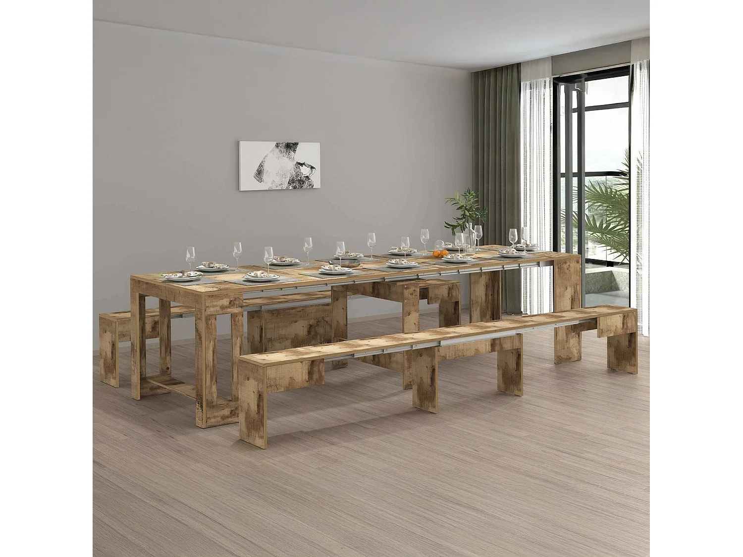 Ensemble table et chaises Dadamoni, Composition polyvalente, Ensemble avec console et 2 bancs extensibles, 100% Made in Italy, 66x25h45 cm, Érable