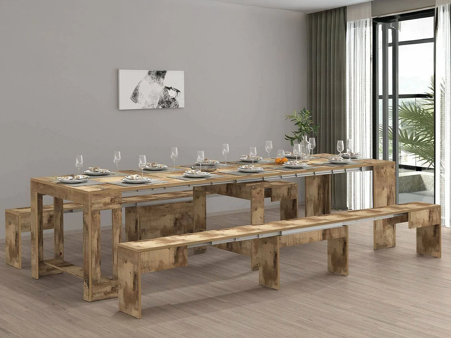 Ensemble table et chaises Dadamoni, Composition polyvalente, Ensemble avec console et 2 bancs extensibles, 100% Made in Italy, 66x25h45 cm, Érable