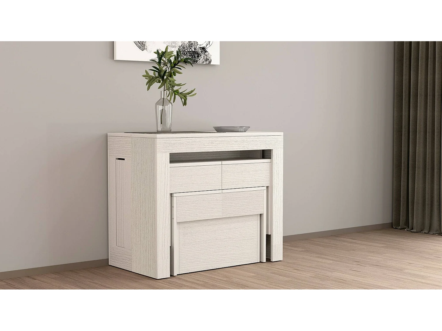 Conjunto de mesa e cadeiras Dadamoni, Composição multiusos, Conjunto com consola e 2 bancos extensíveis, 100% Fabricado em Itália, 66x25h45 cm, Branco