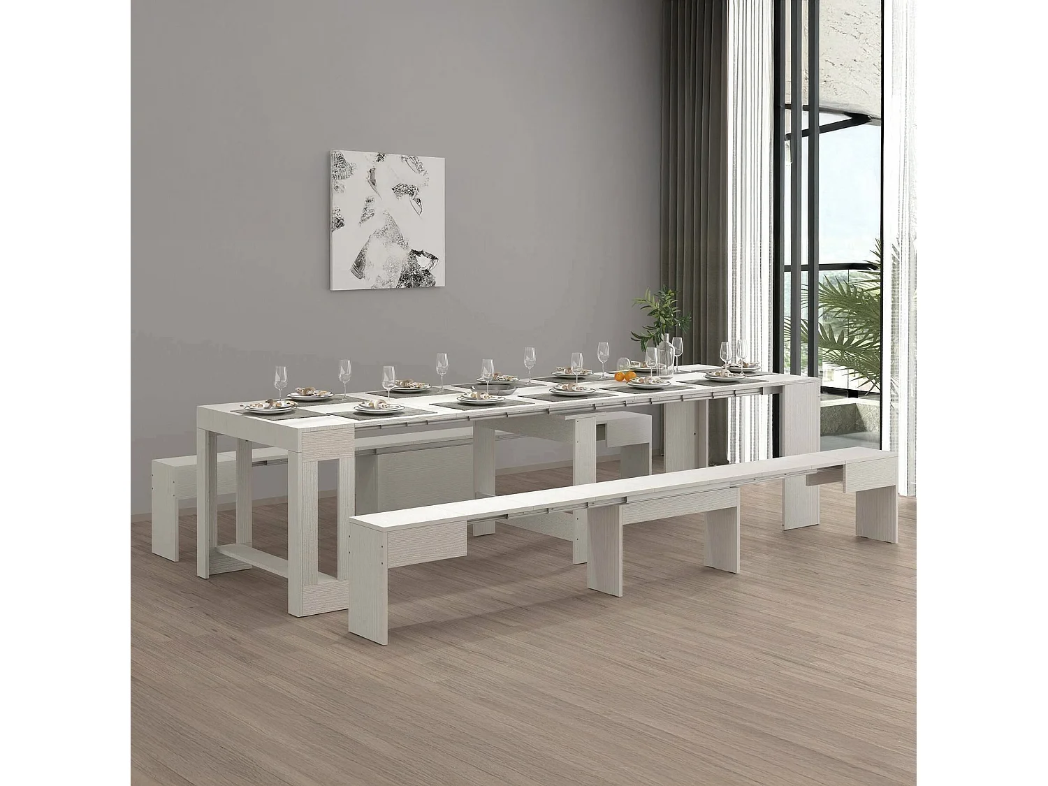 Ensemble table et chaises Dadamoni, Composition polyvalente, Ensemble avec console et 2 bancs extensibles, 100% Made in Italy, 66x25h45 cm, Blanc