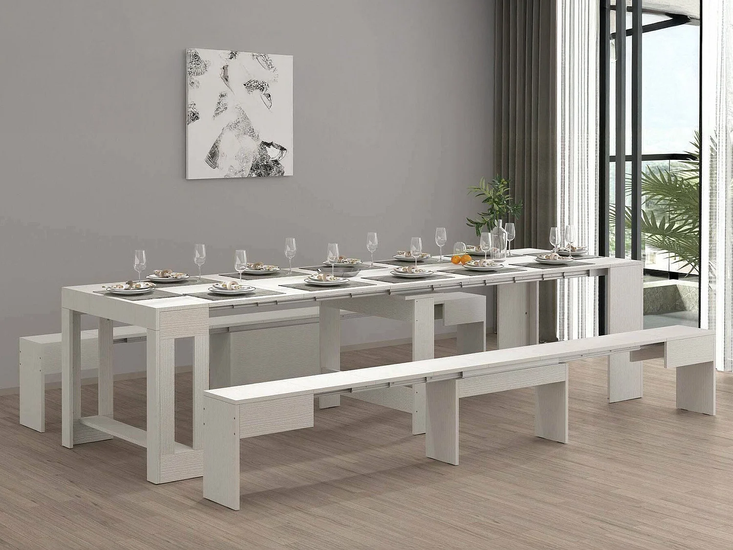 Dadamoni tafel en stoelenset, Multifunctionele samenstelling, Set met console en 2 uitschuifbare banken, 100% Made in Italy, 66x25h45 cm, Wit
