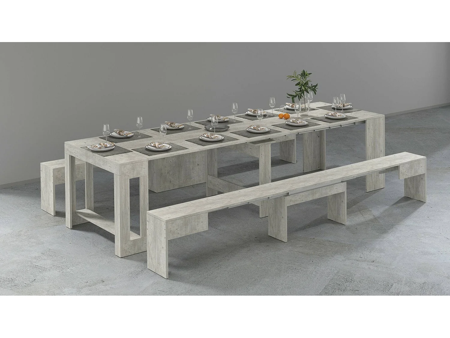 Conjunto de mesa y sillas Dadamoni, Composición multiusos, Conjunto con consola y 2 bancos extensibles, 100% Made in Italy, 66x25h45 cm, Cemento