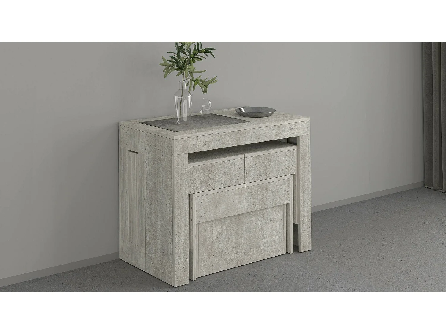 Conjunto de mesa y sillas Dadamoni, Composición multiusos, Conjunto con consola y 2 bancos extensibles, 100% Made in Italy, 66x25h45 cm, Cemento