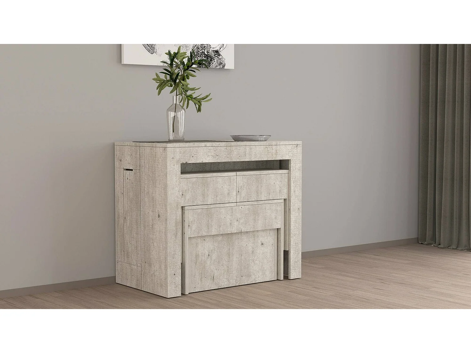 Ensemble table et chaises Dadamoni, Composition polyvalente, Ensemble avec console et 2 bancs extensibles, 100% Made in Italy, 66x25h45 cm, Ciment