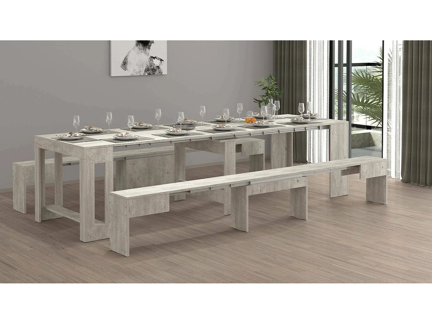 Ensemble table et chaises Dadamoni, Composition polyvalente, Ensemble avec console et 2 bancs extensibles, 100% Made in Italy, 66x25h45 cm, Ciment
