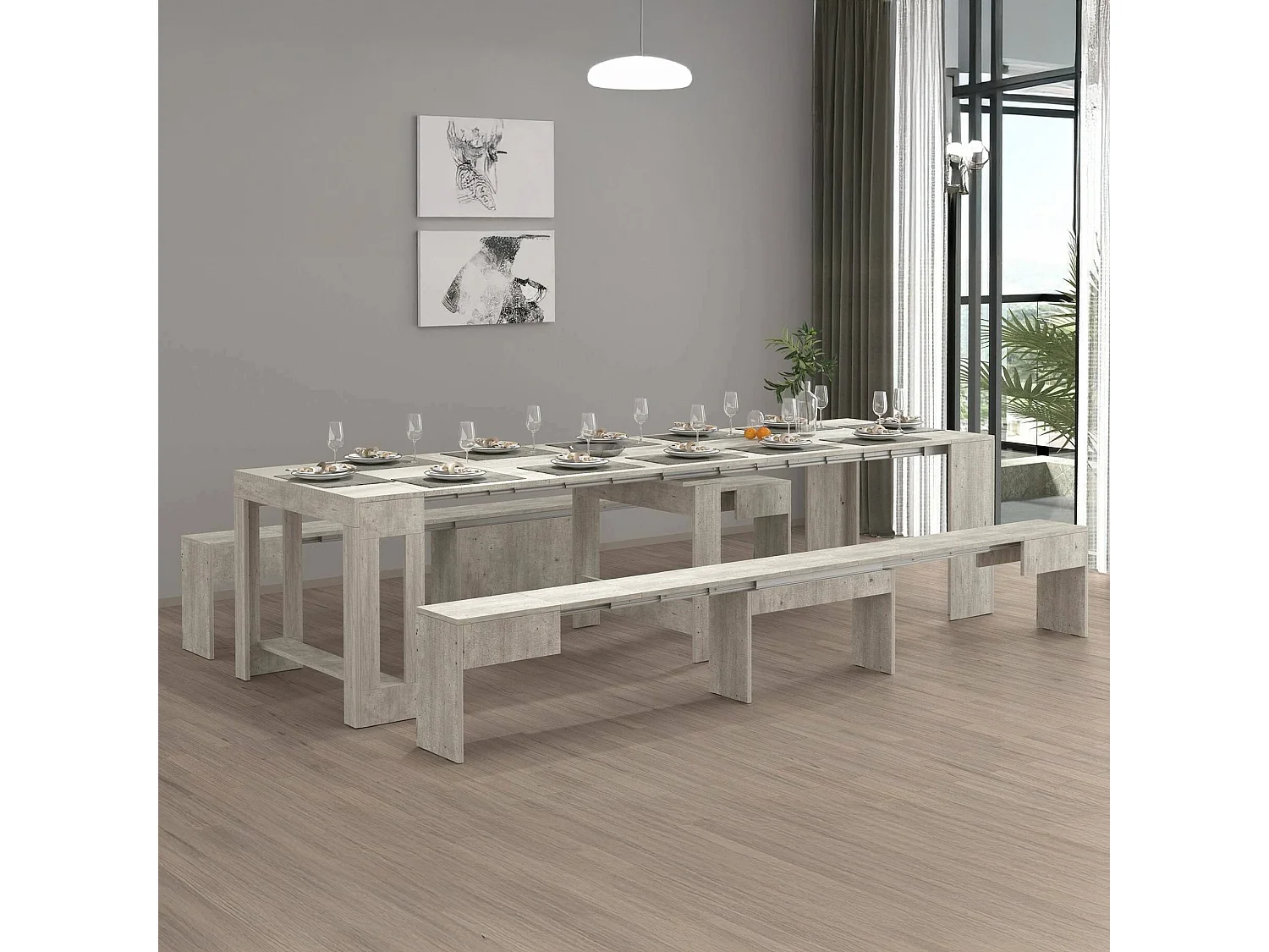 Ensemble table et chaises Dadamoni, Composition polyvalente, Ensemble avec console et 2 bancs extensibles, 100% Made in Italy, 66x25h45 cm, Ciment