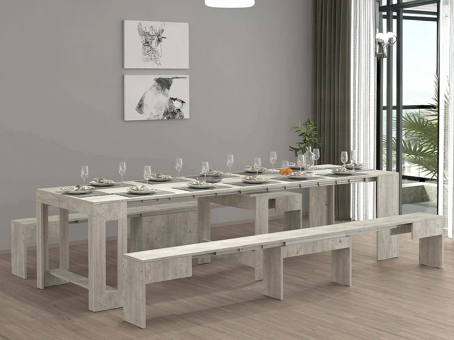 Dadamoni tafel en stoelenset, Multifunctionele samenstelling, Set met console en 2 uitschuifbare banken, 100% Made in Italy, 66x25h45 cm, Cement