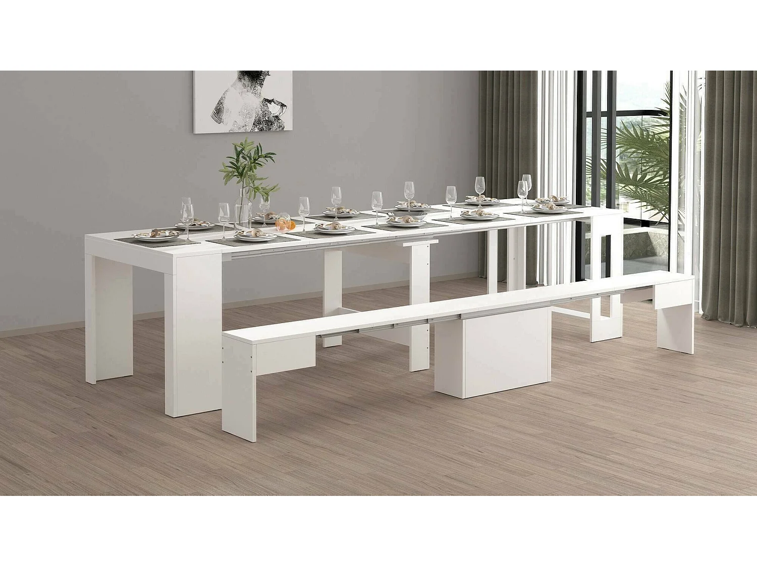 Ensemble table et chaises Dardizzon, Composition polyvalente, Ensemble avec console et 1 banc extensible, 100% Made in Italy, 66x25h45 cm, Blanc brillant