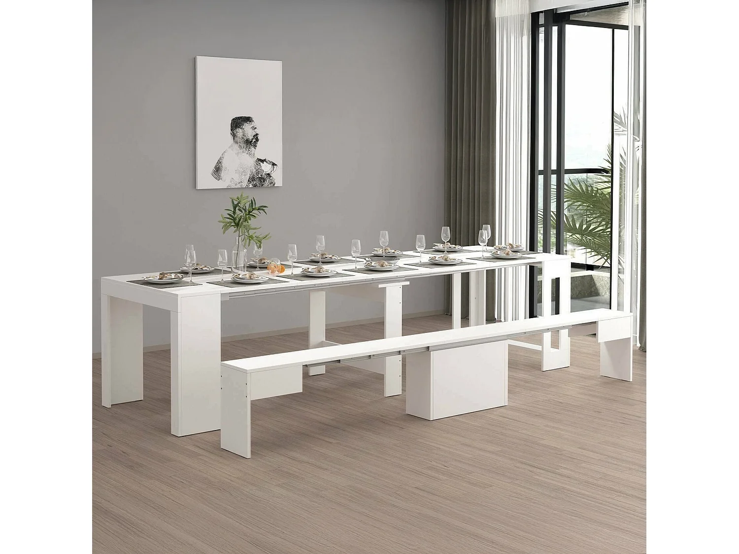 Ensemble table et chaises Dardizzon, Composition polyvalente, Ensemble avec console et 1 banc extensible, 100% Made in Italy, 66x25h45 cm, Blanc brillant