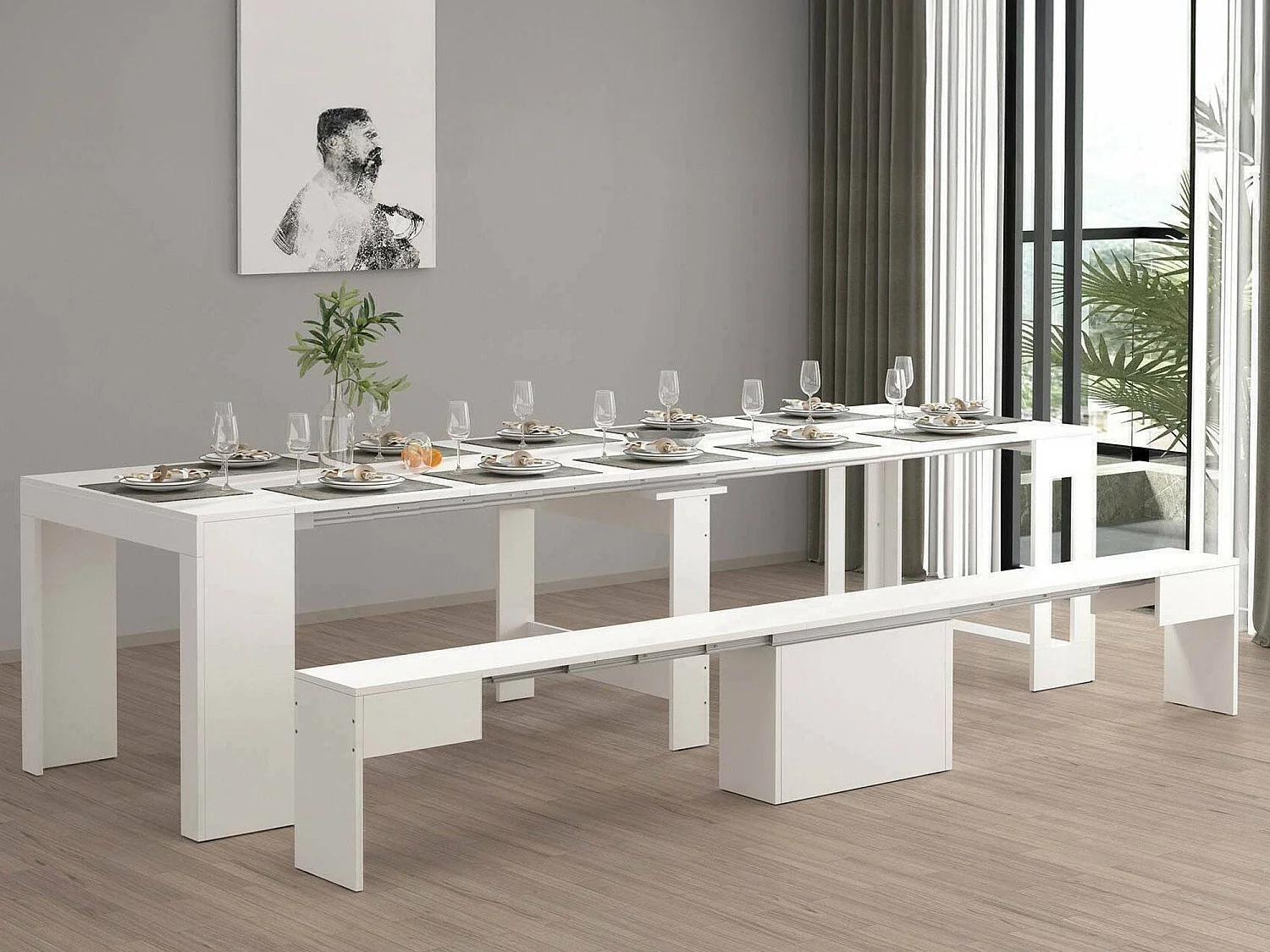 Ensemble table et chaises Dardizzon, Composition polyvalente, Ensemble avec console et 1 banc extensible, 100% Made in Italy, 66x25h45 cm, Blanc brillant