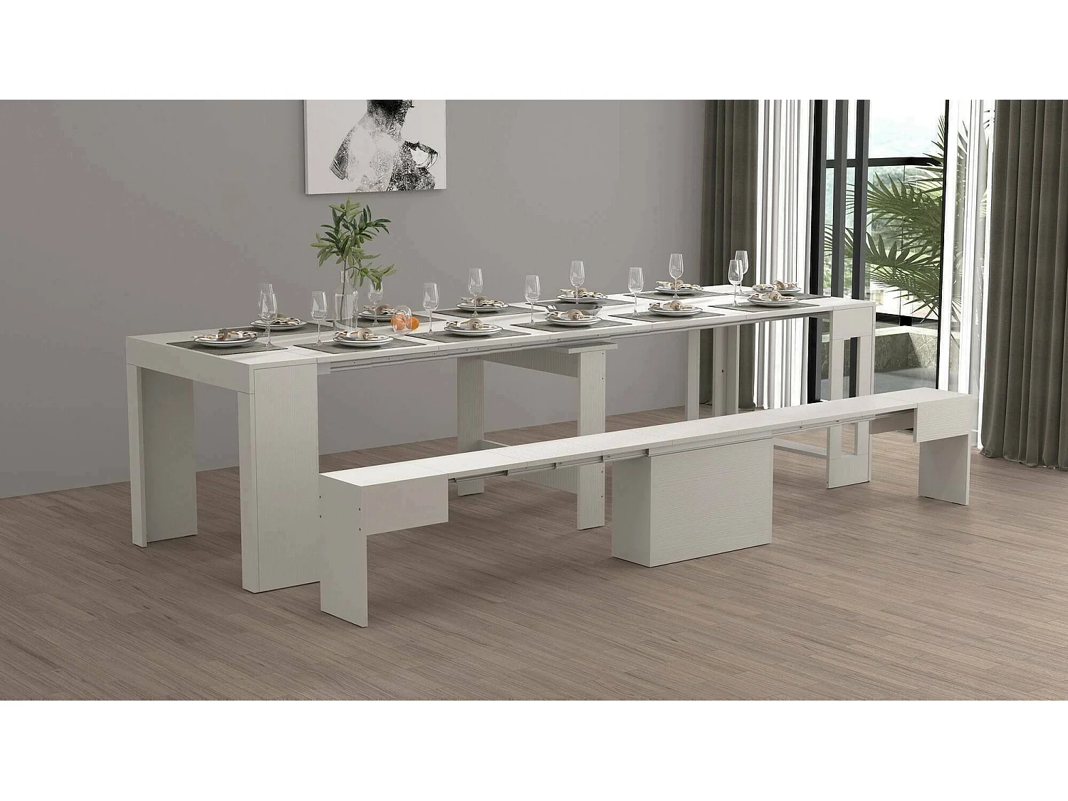 Dardizzon tafel en stoelenset, Multifunctionele samenstelling, Set met console en 1 uitschuifbare bank, 100% Made in Italy, 66x25h45 cm, Wit