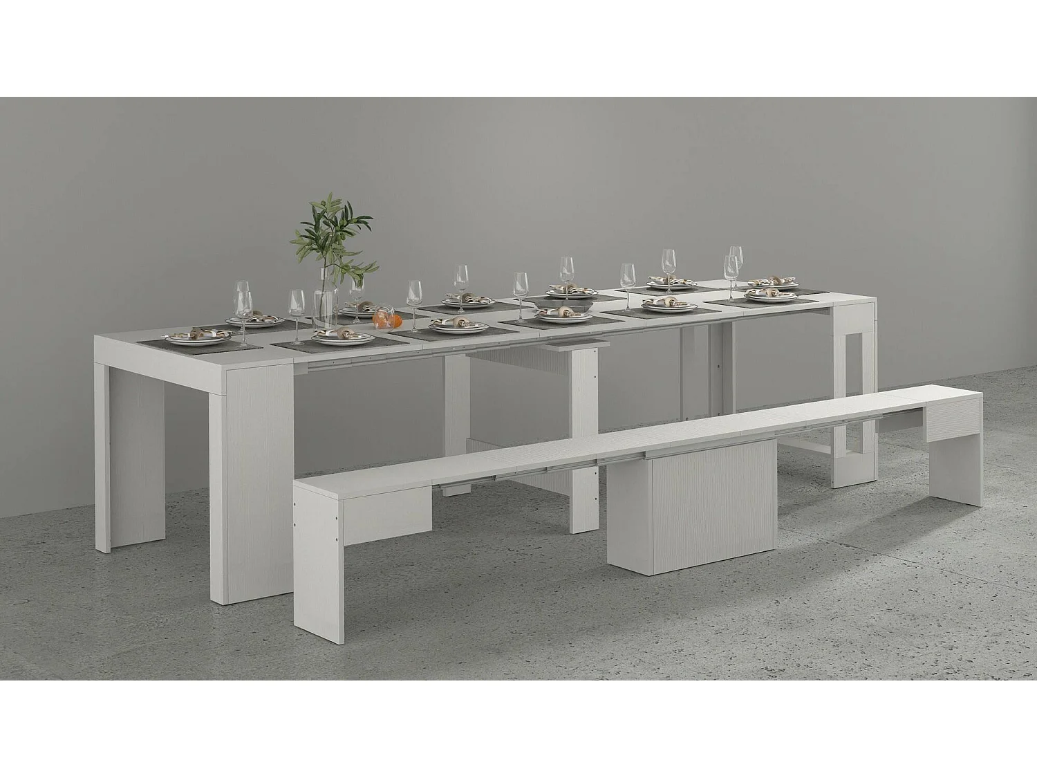 Dardizzon tafel en stoelenset, Multifunctionele samenstelling, Set met console en 1 uitschuifbare bank, 100% Made in Italy, 66x25h45 cm, Wit