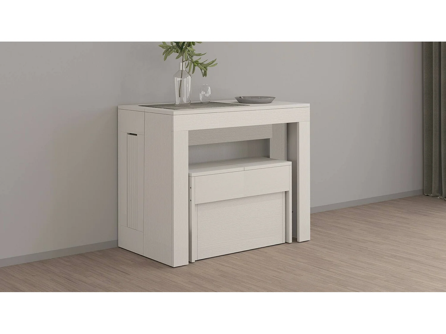 Ensemble table et chaises Dardizzon, Composition polyvalente, Ensemble avec console et 1 banc extensible, 100% Made in Italy, 66x25h45 cm, Blanc