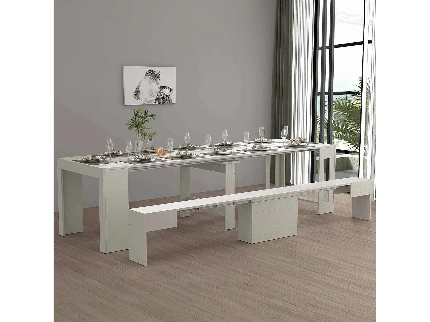 Ensemble table et chaises Dardizzon, Composition polyvalente, Ensemble avec console et 1 banc extensible, 100% Made in Italy, 66x25h45 cm, Blanc