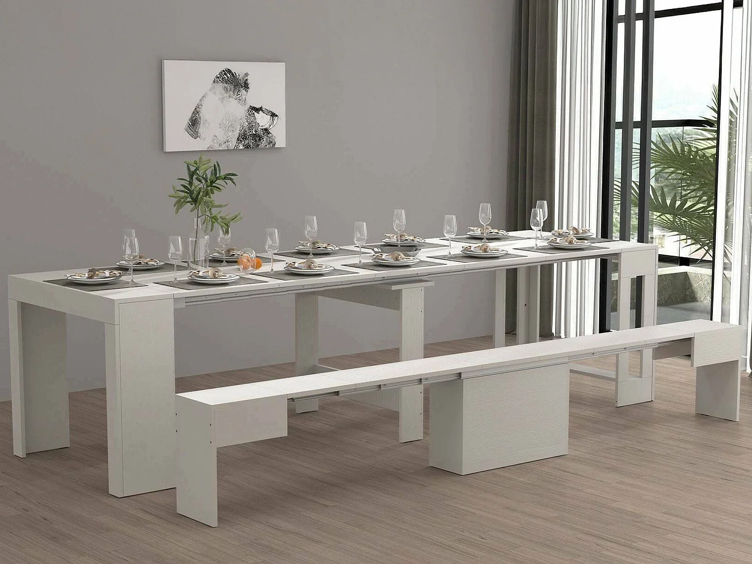 Conjunto de mesa e cadeiras Dardizzon, Composição multiusos, Conjunto com consola e 1 banco extensível, 100% Fabricado em Itália, 66x25h45 cm, Branco