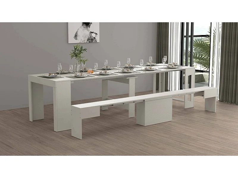 Conjunto de mesa y sillas Dardizzon, Composición multiusos, Conjunto con consola y 1 banco extensible, 100% Made in Italy, 66x25h45 cm, Blanco