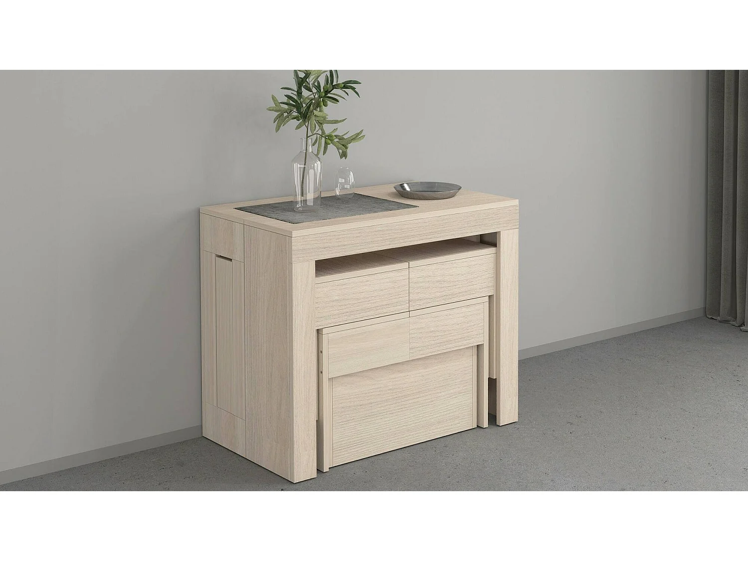 Dadamoni tafel en stoelenset, Multifunctionele samenstelling, Set met console en 2 uitschuifbare banken, 100% Made in Italy, 66x25h45 cm, Olmo