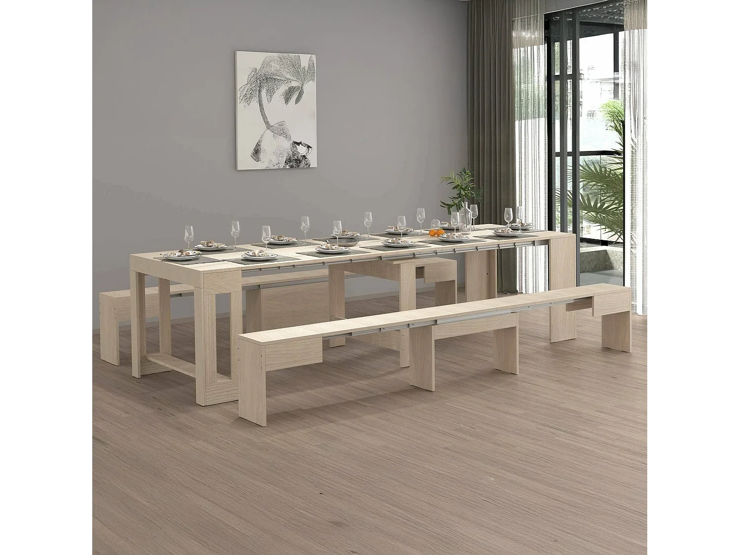 Ensemble table et chaises Dadamoni, Composition polyvalente, Ensemble avec console et 2 bancs extensibles, 100% Made in Italy, 66x25h45 cm, Olmo