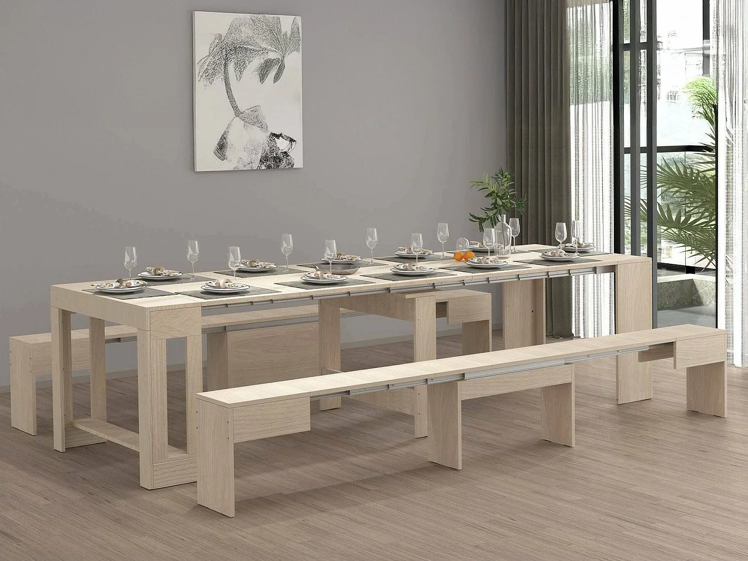 Ensemble table et chaises Dadamoni, Composition polyvalente, Ensemble avec console et 2 bancs extensibles, 100% Made in Italy, 66x25h45 cm, Olmo