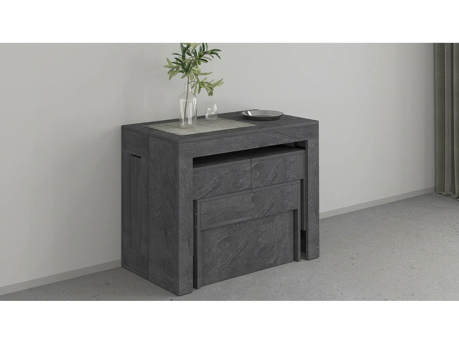 Ensemble table et chaises Dadamoni, Composition polyvalente, Ensemble avec console et 2 bancs extensibles, 100% Made in Italy, 66x25h45 cm, Ardoise