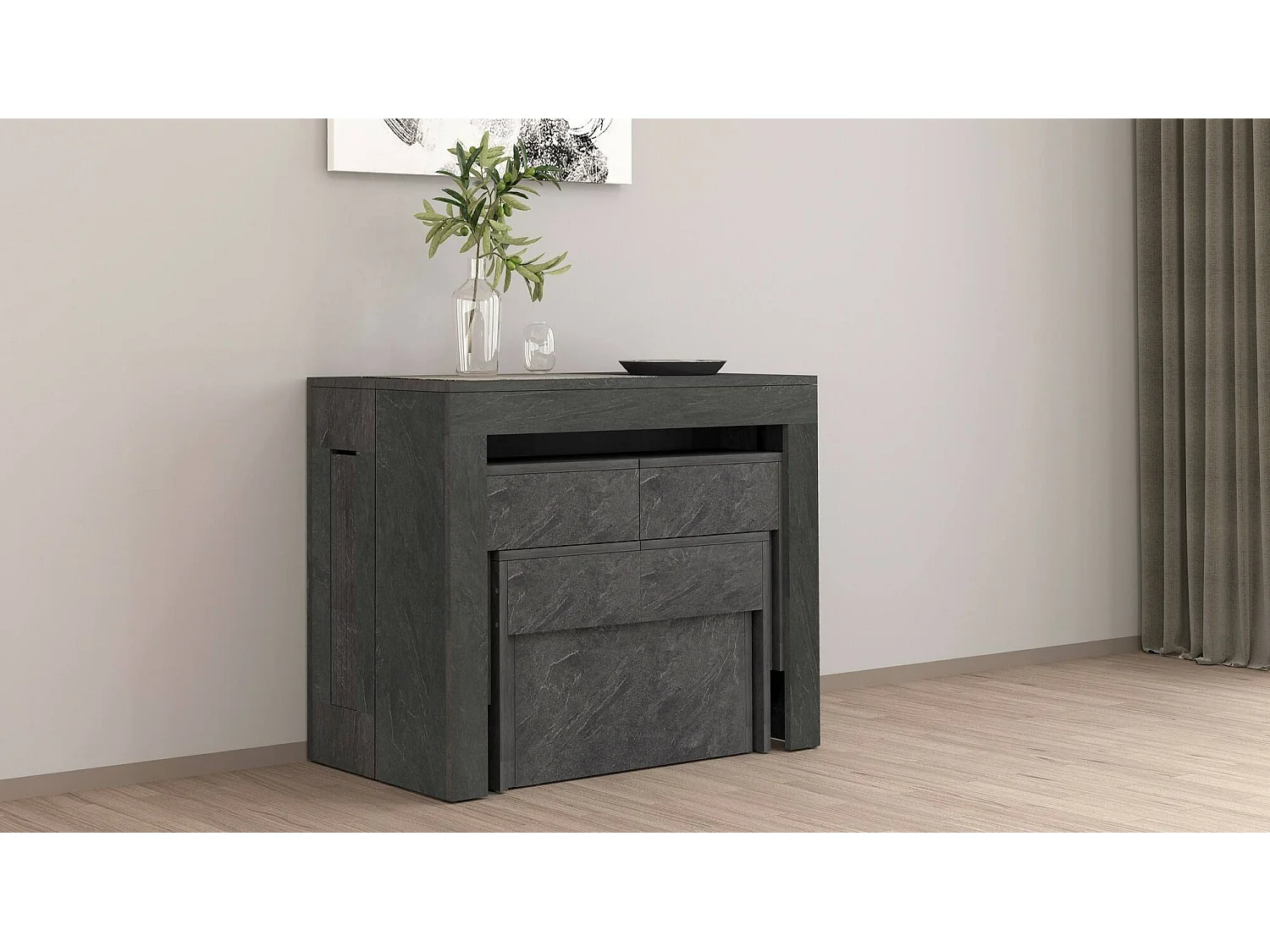 Ensemble table et chaises Dadamoni, Composition polyvalente, Ensemble avec console et 2 bancs extensibles, 100% Made in Italy, 66x25h45 cm, Ardoise