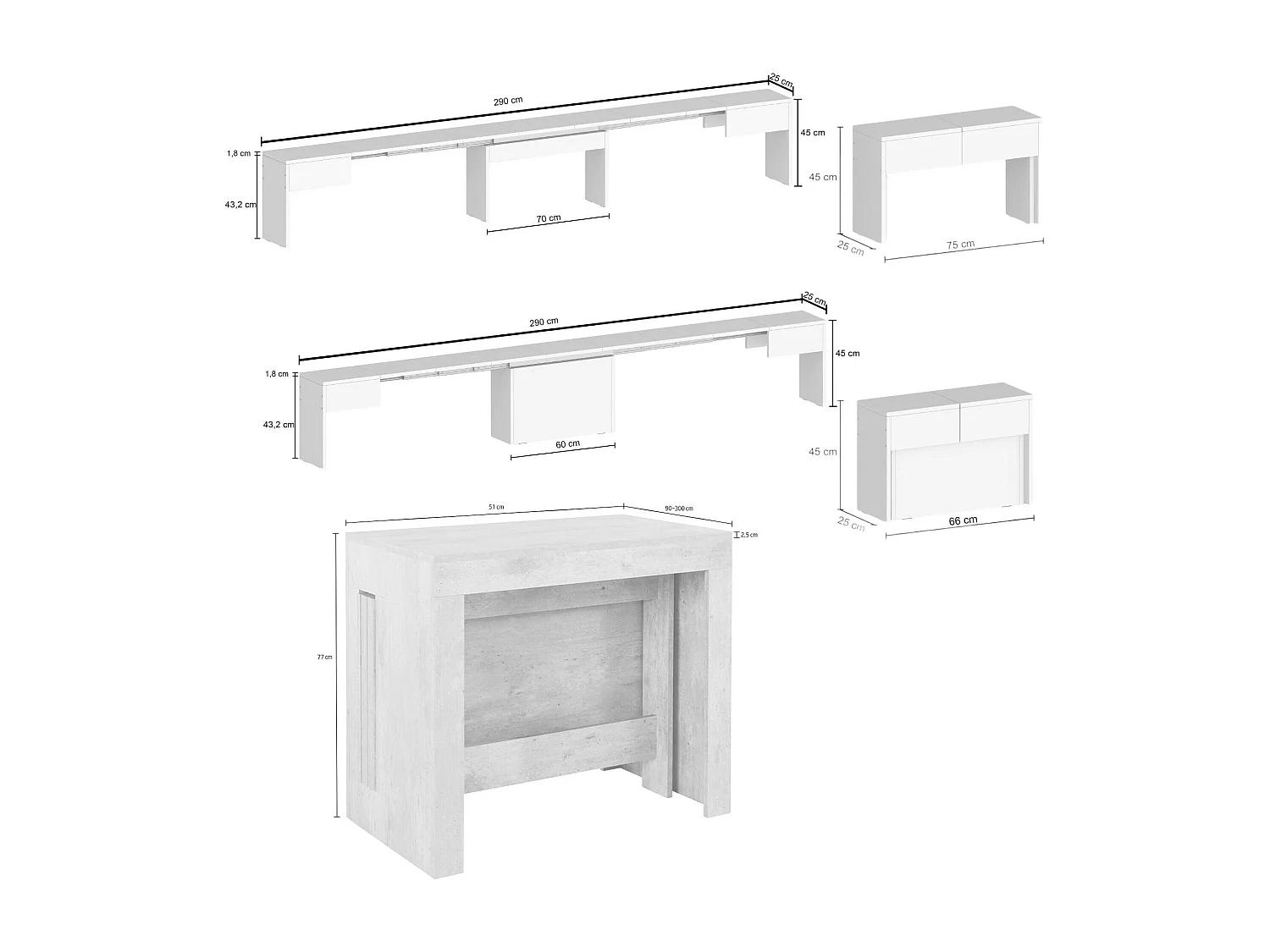 Conjunto de mesa e cadeiras Dadamoni, Composição polivalente, Conjunto com consola e 2 bancos extensíveis, 100% Fabricado em Itália, 66x25h45 cm, Ardósia