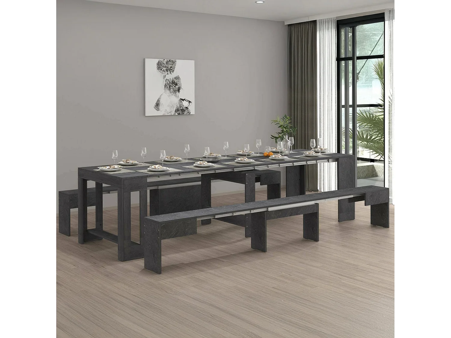 Ensemble table et chaises Dadamoni, Composition polyvalente, Ensemble avec console et 2 bancs extensibles, 100% Made in Italy, 66x25h45 cm, Ardoise
