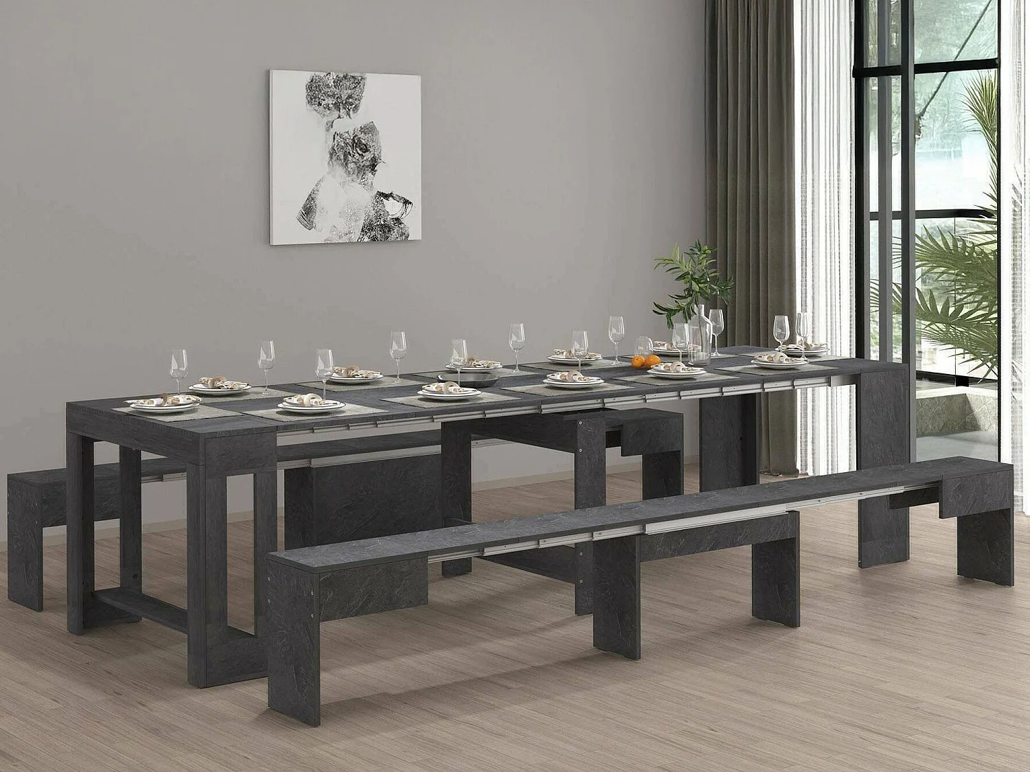 Ensemble table et chaises Dadamoni, Composition polyvalente, Ensemble avec console et 2 bancs extensibles, 100% Made in Italy, 66x25h45 cm, Ardoise
