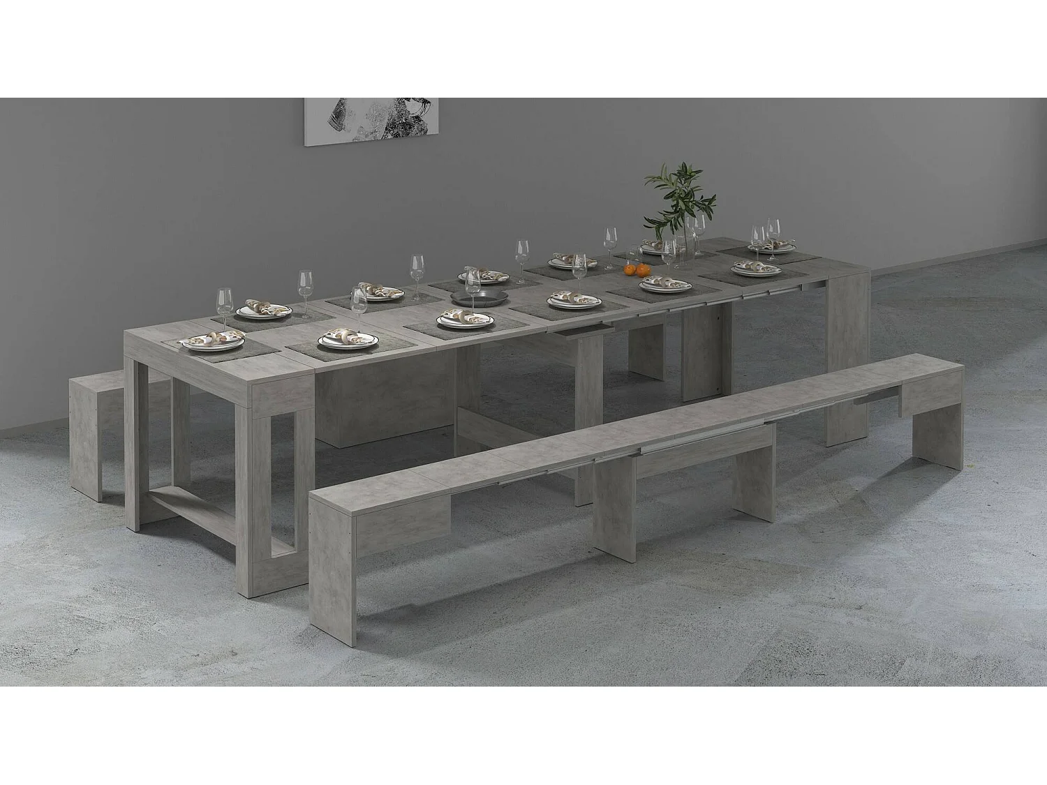Ensemble table et chaises Dadamoni, Composition polyvalente, Ensemble avec console et 2 bancs extensibles, 100% Made in Italy, 66x25h45 cm, Gris