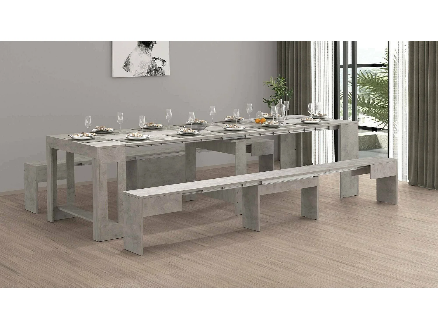 Dadamoni tafel- en stoelenset, Multifunctionele samenstelling, Set met console en 2 uitschuifbare banken, 100% Made in Italy, 66x25h45 cm, Grijs