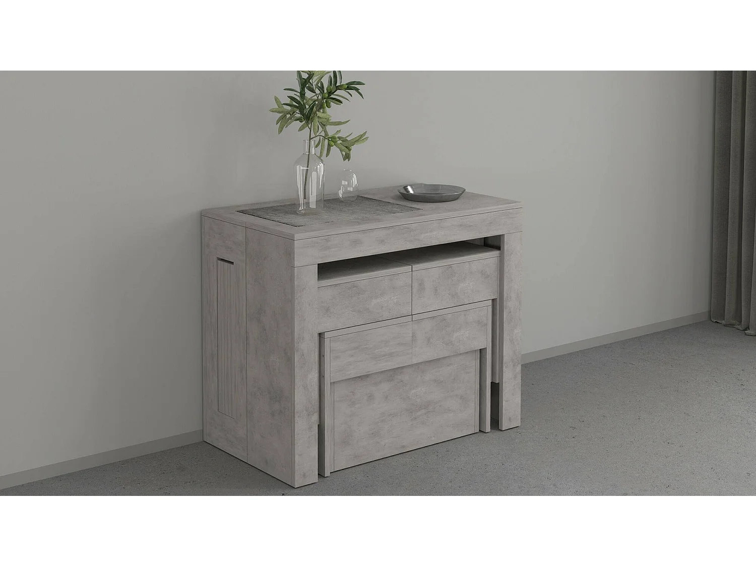 Ensemble table et chaises Dadamoni, Composition polyvalente, Ensemble avec console et 2 bancs extensibles, 100% Made in Italy, 66x25h45 cm, Gris