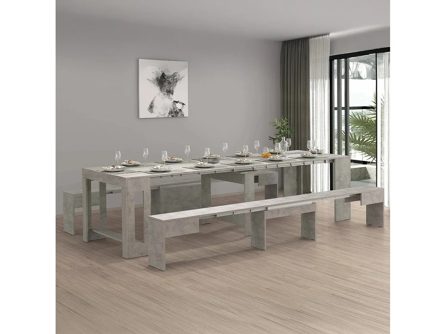 Ensemble table et chaises Dadamoni, Composition polyvalente, Ensemble avec console et 2 bancs extensibles, 100% Made in Italy, 66x25h45 cm, Gris