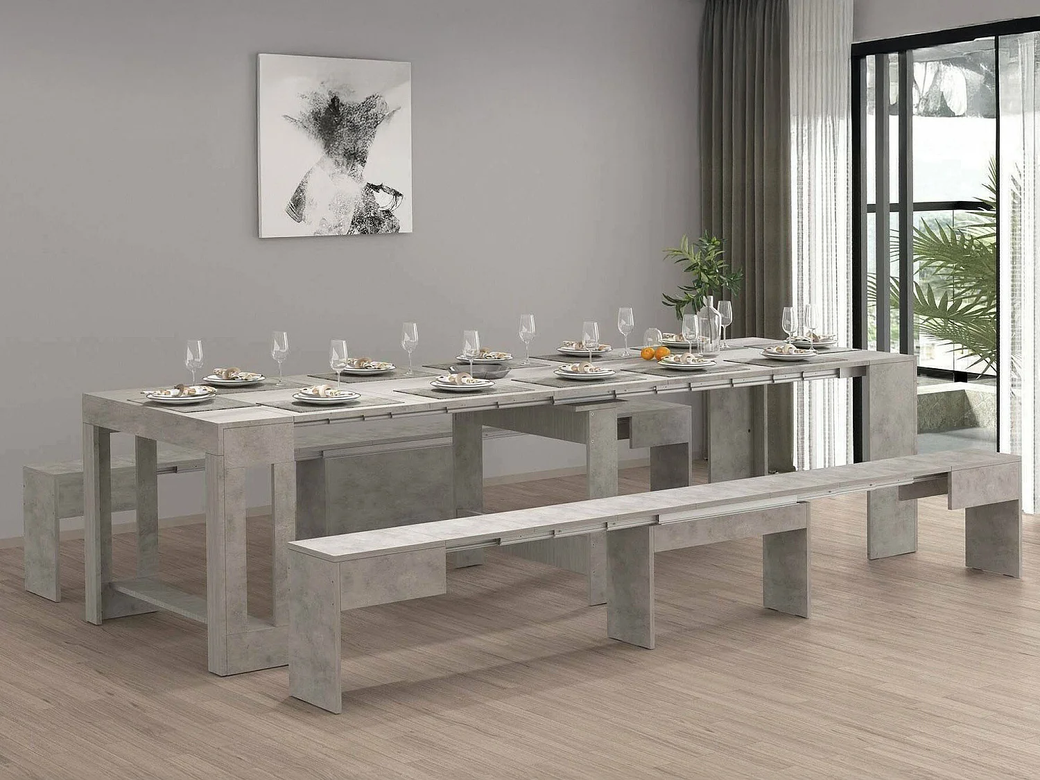 Dadamoni tafel- en stoelenset, Multifunctionele samenstelling, Set met console en 2 uitschuifbare banken, 100% Made in Italy, 66x25h45 cm, Grijs