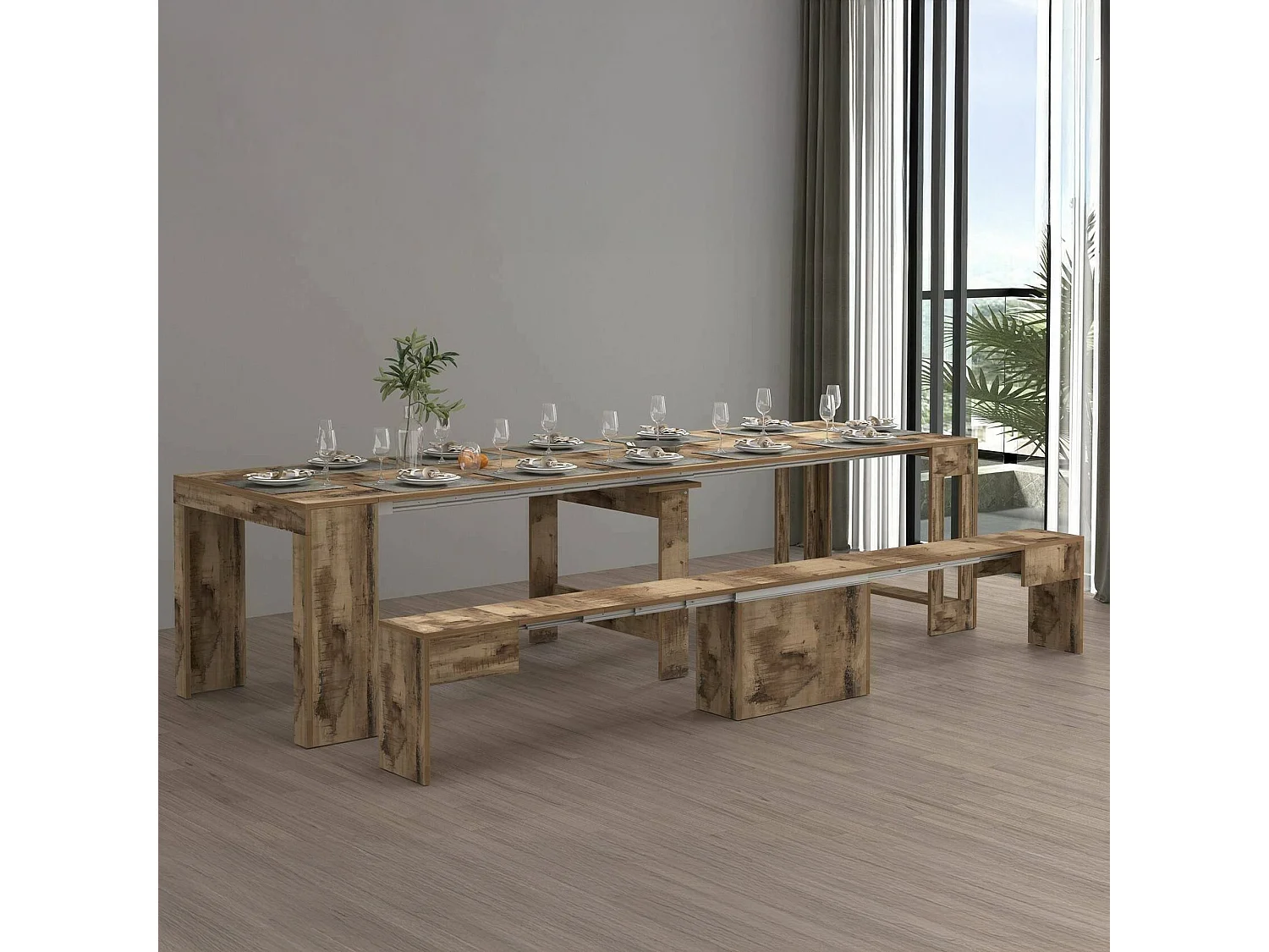 Ensemble table et chaises Dardizzon, Composition polyvalente, Ensemble avec console et 1 banc extensible, 100% Made in Italy, 66x25h45 cm, Érable