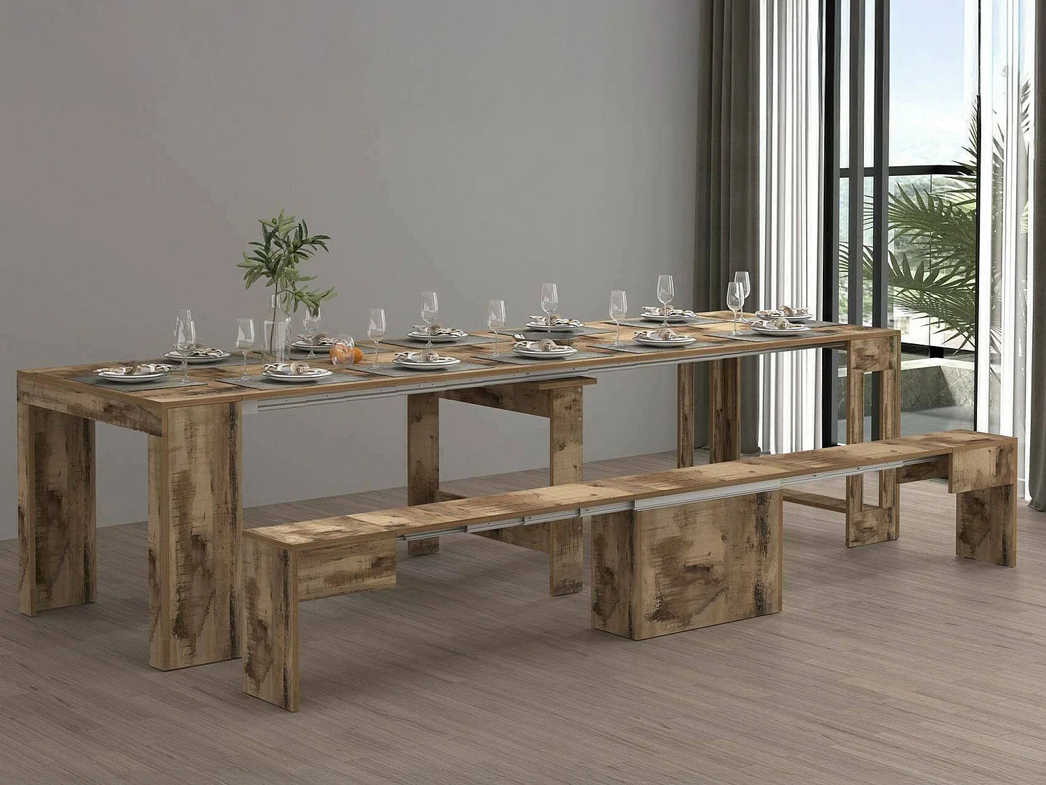 Ensemble table et chaises Dardizzon, Composition polyvalente, Ensemble avec console et 1 banc extensible, 100% Made in Italy, 66x25h45 cm, Érable
