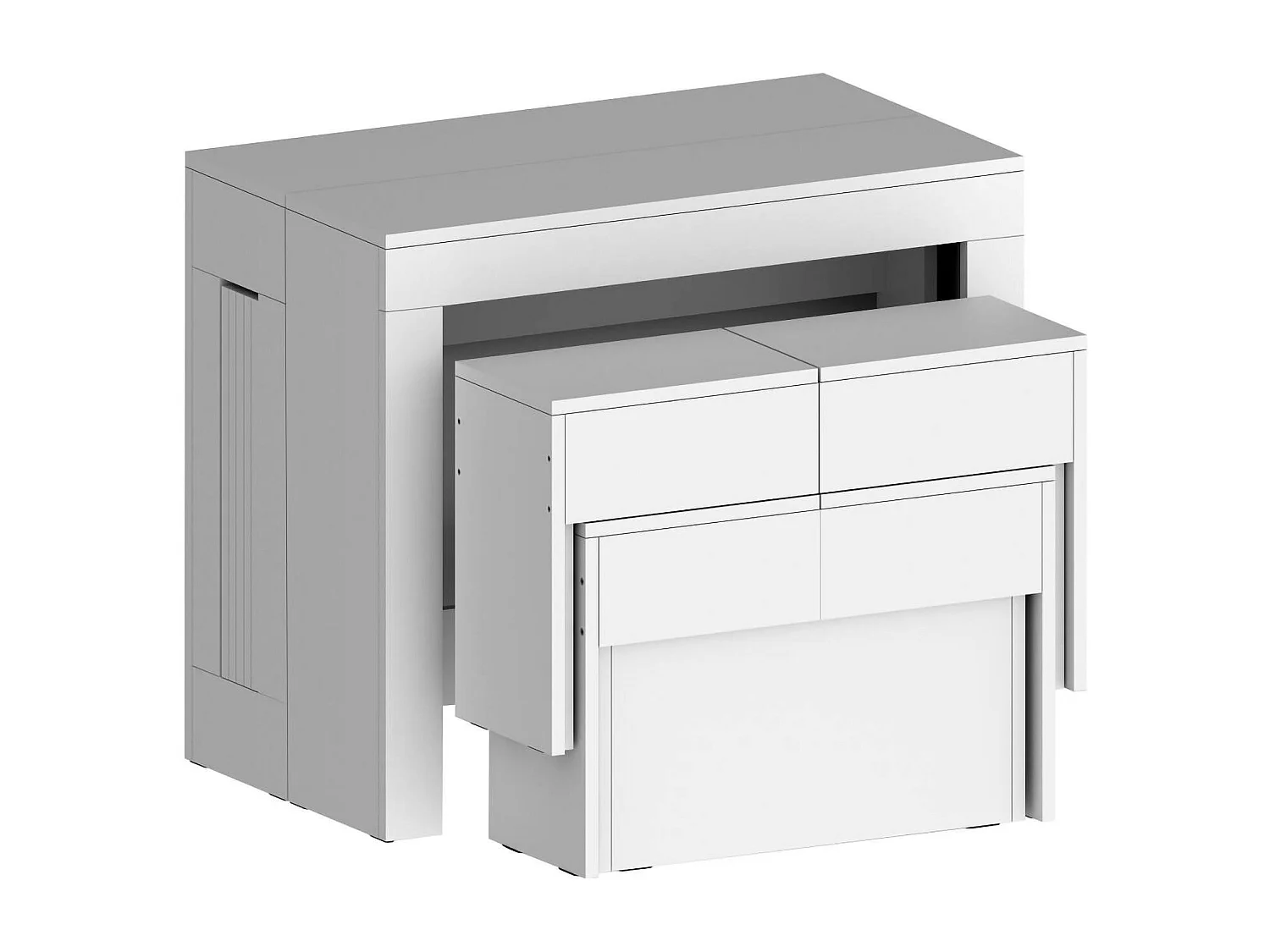 Ensemble table et chaises Dadamoni, Composition polyvalente, Ensemble avec console et 2 bancs extensibles, 100% Made in Italy, 66x25h45 cm, Blanc brillant