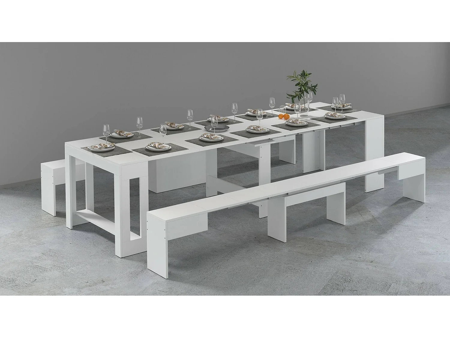 Ensemble table et chaises Dadamoni, Composition polyvalente, Ensemble avec console et 2 bancs extensibles, 100% Made in Italy, 66x25h45 cm, Blanc brillant