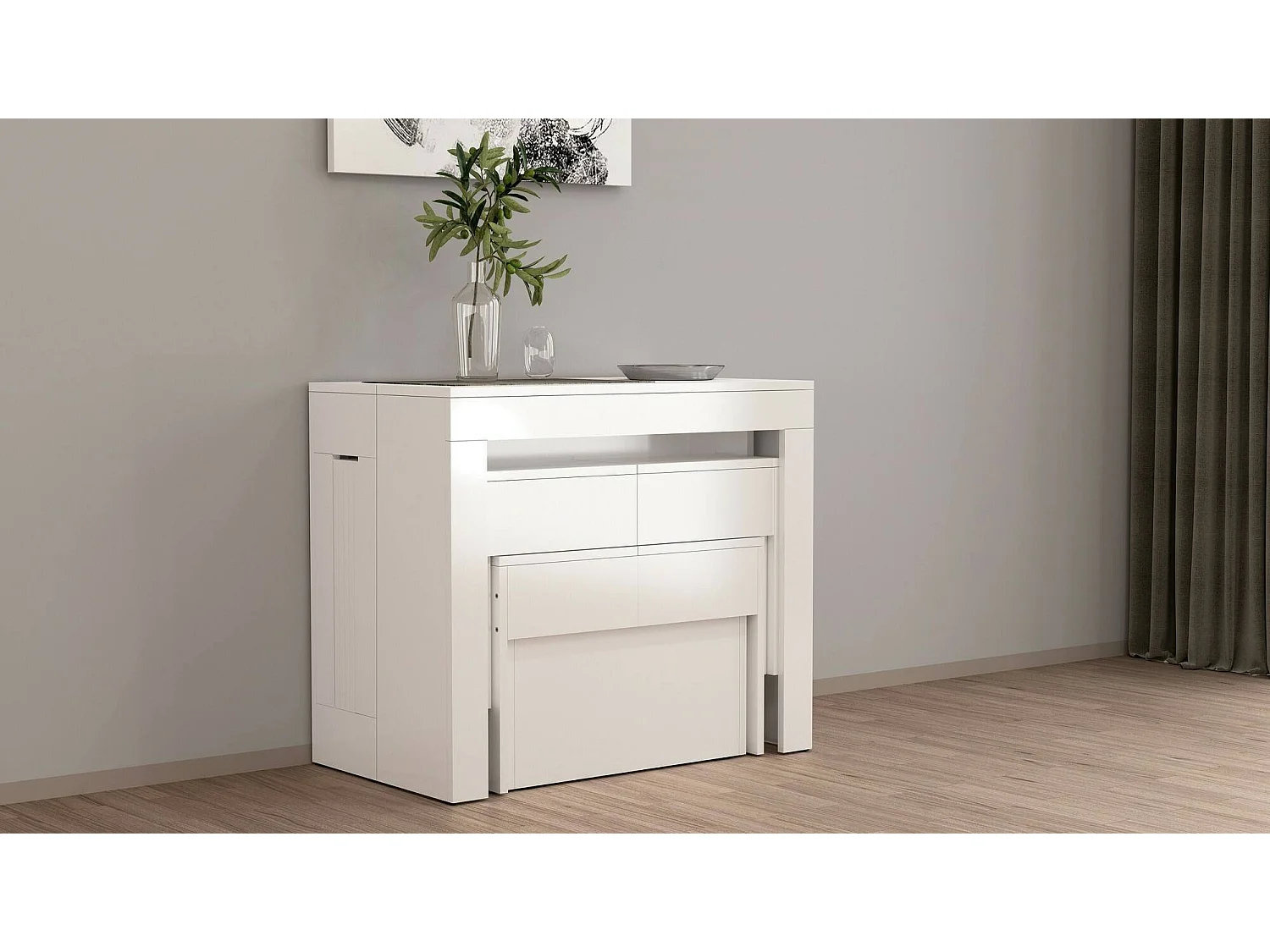 Dadamoni tafel- en stoelenset, Multifunctionele samenstelling, Set met console en 2 uitschuifbare banken, 100% Made in Italy, 66x25h45 cm, Glanzend wit