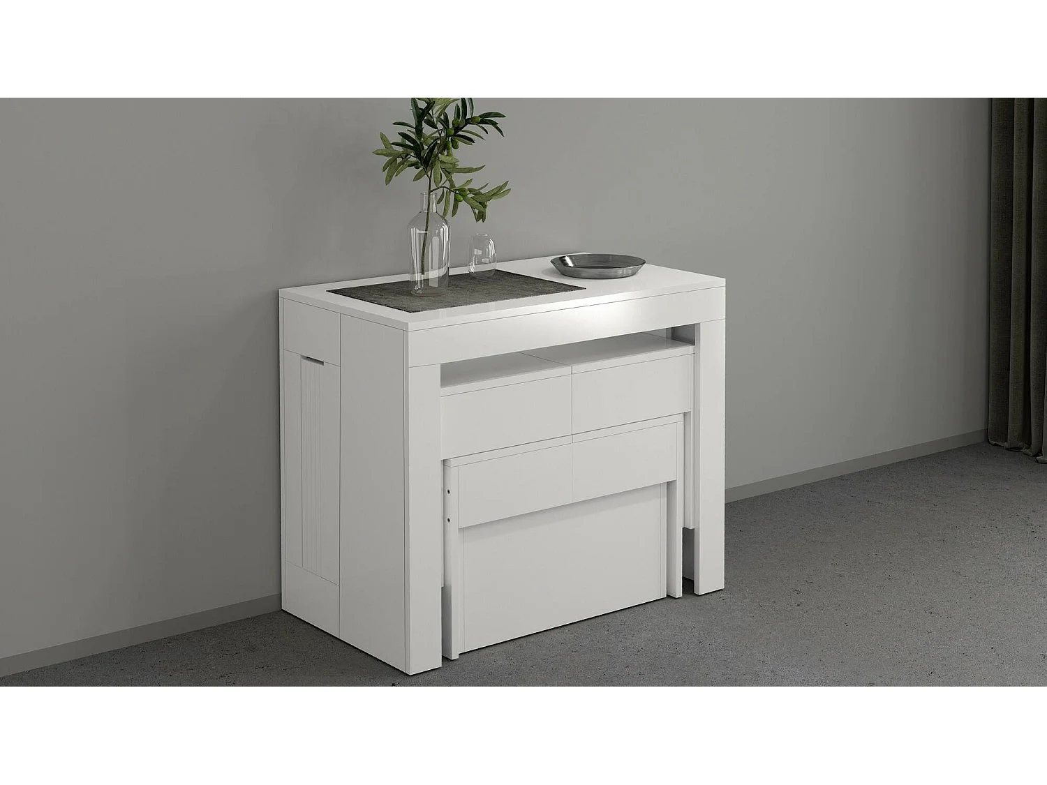 Dadamoni tafel- en stoelenset, Multifunctionele samenstelling, Set met console en 2 uitschuifbare banken, 100% Made in Italy, 66x25h45 cm, Glanzend wit